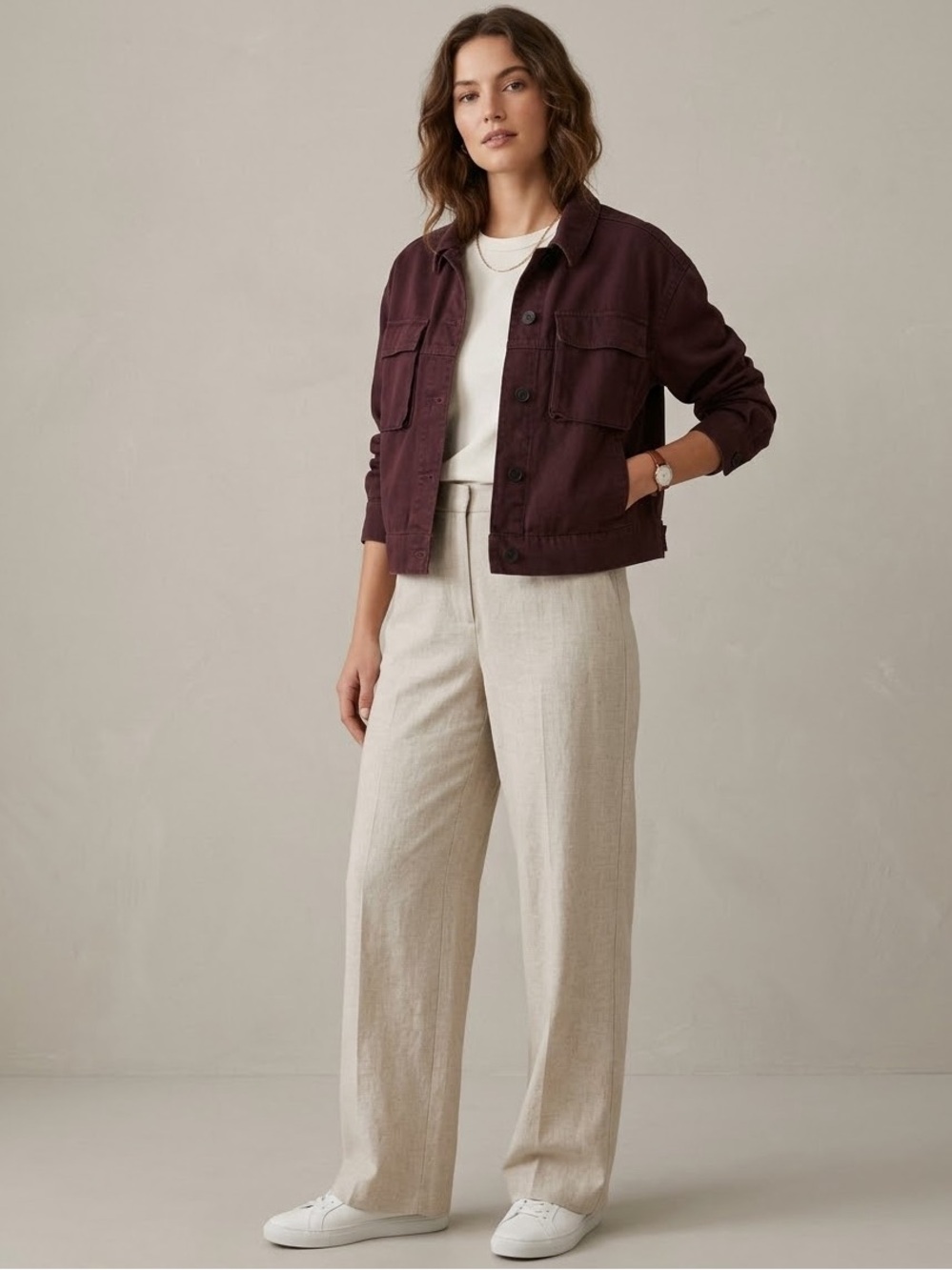 Frank and Oak Dark Burgundy Maroon Denim Crop Jacket L Cargo Pockets Fall